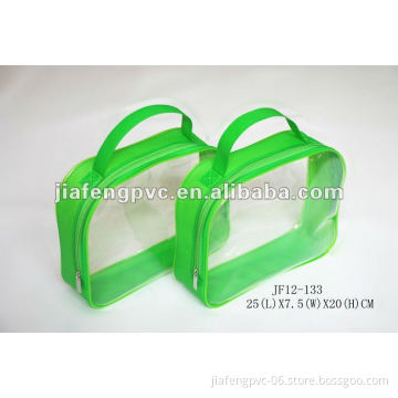 Transparent EVA cosmetic bag with green trim for skin care products packing